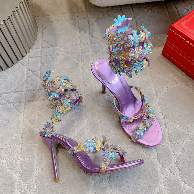 RENE CAOVILLA 26S HEEL SANDALS 95 MM IN METALLIC PURPLE LAMBSKIN CRYSTAL FLOWER EMBELLISHMENTS