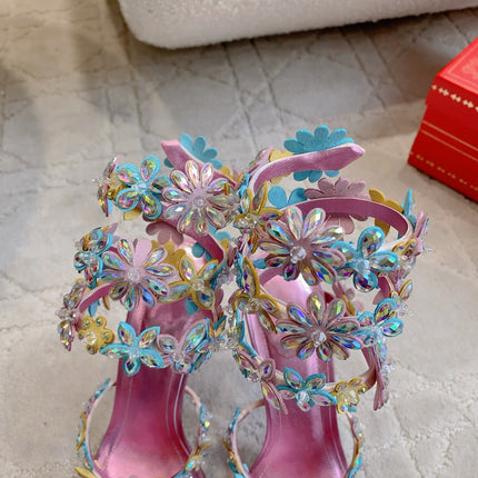 RENE CAOVILLA 26S HEEL SANDALS 95 MM IN METALLIC PINK LAMBSKIN CRYSTAL FLOWER EMBELLISHMENTS