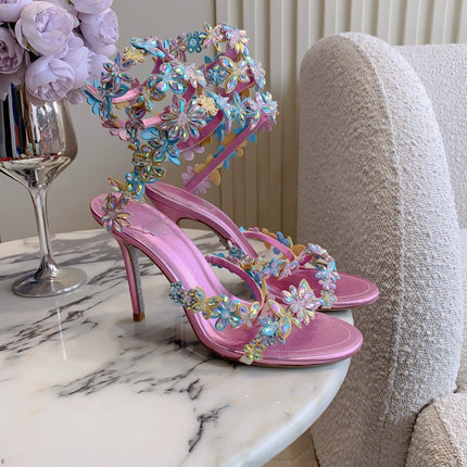 RENE CAOVILLA 26S HEEL SANDALS 95 MM IN METALLIC PINK LAMBSKIN CRYSTAL FLOWER EMBELLISHMENTS
