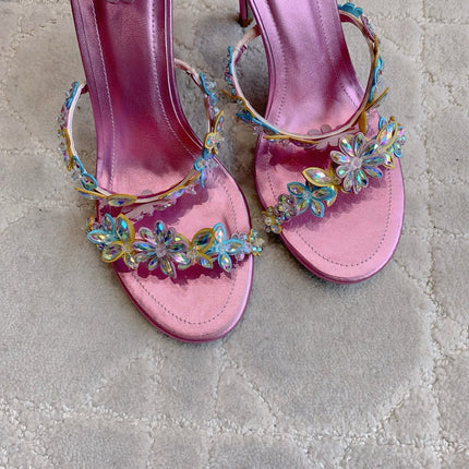 RENE CAOVILLA 26S HEEL SANDALS 95 MM IN METALLIC PINK LAMBSKIN CRYSTAL FLOWER EMBELLISHMENTS