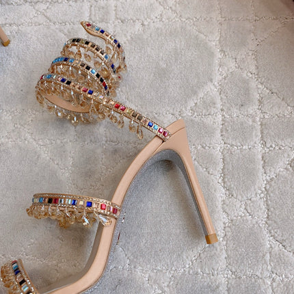 RENE CAOVILLA 26S CLEO HIGH HEELS SANDALS 95 MM IN BEIGE LAMBSKIN STYLE 17