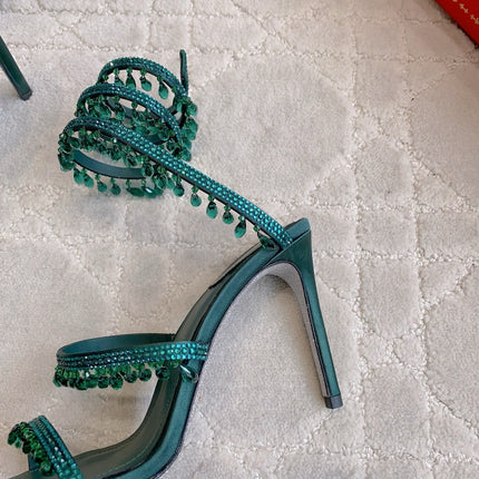 RENE CAOVILLA 26S CLEO HIGH HEELS SANDALS 95 MM IN DARK GREEN LAMBSKIN STYLE 15