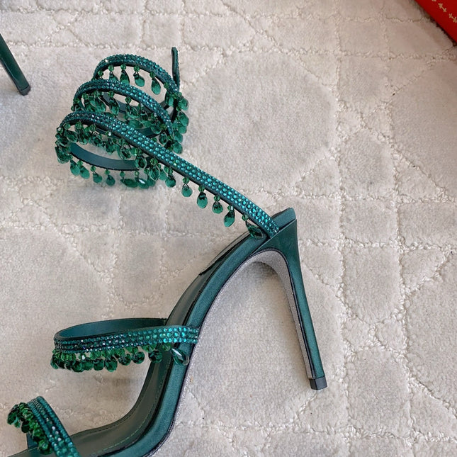 RENE CAOVILLA 26S CLEO HIGH HEELS SANDALS 95 MM IN DARK GREEN LAMBSKIN STYLE 15