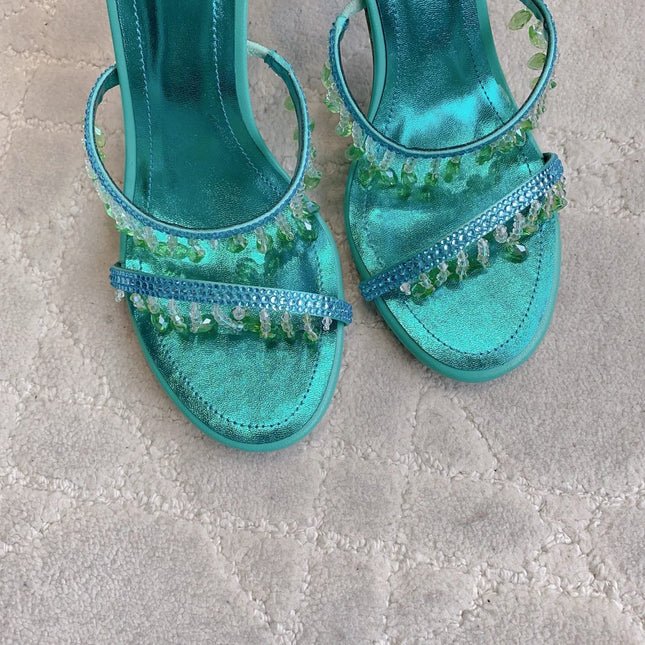 RENE CAOVILLA 26S CLEO HIGH HEELS SANDALS 95 MM IN AQUA BLUE METALLIC LAMBSKIN STYLE 9