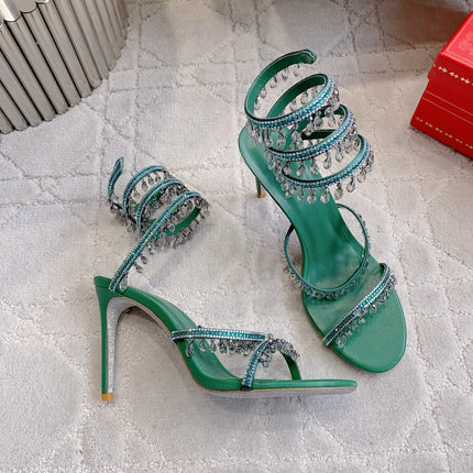 RENE CAOVILLA 26S CLEO HIGH HEELS SANDALS 95 MM IN GREEN LAMBSKIN