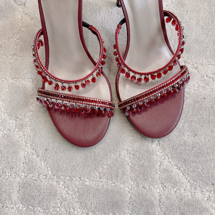 RENE CAOVILLA 26S CLEO HIGH HEELS SANDALS 95 MM IN DARK RED LAMBSKIN STYLE 12