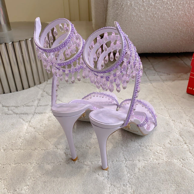 RENE CAOVILLA 26S CLEO HIGH HEELS SANDALS 95 MM IN LIGHT PURPLE LAMBSKIN STYLE 11