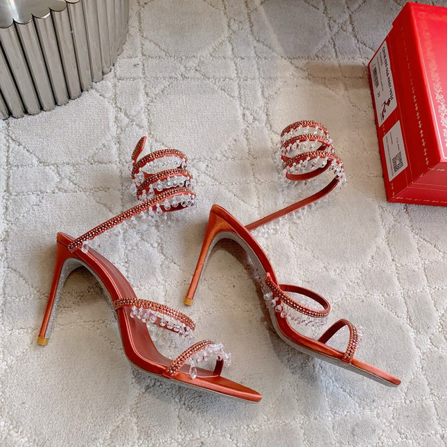RENE CAOVILLA 26S CLEO HIGH HEELS SANDALS 95 MM IN ORANGE LAMBSKIN STYLE 3