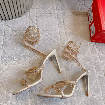 RENE CAOVILLA 26S CLEO HIGH HEELS SANDALS 95 MM IN LIGHT BEIGE LAMBSKIN