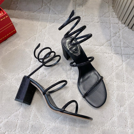 RENE CAOVILLA 26S RHINESTONE HIGH HEELS SANDALS 75 MM IN BLACK LAMBSKIN