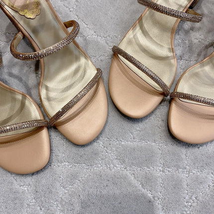 RENE CAOVILLA 26S RHINESTONE HIGH HEELS SANDALS 45 MM IN BEIGE LAMBSKIN