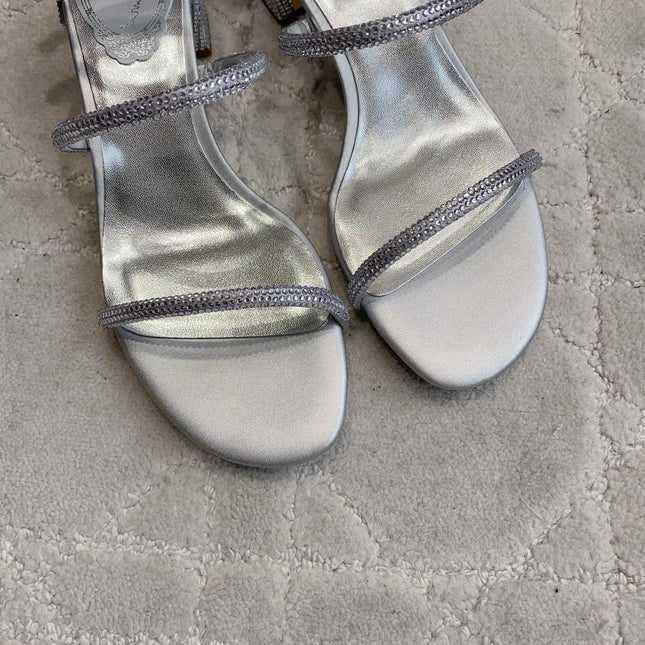 RENE CAOVILLA 26S RHINESTONE HIGH HEELS SANDALS 45 MM IN SILVER LAMBSKIN