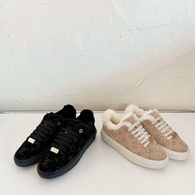 TIME OUT SNEAKER IN DESERT BROWN MONOGRAM EMBOSSED SUEDE WITH FLEECE LINING