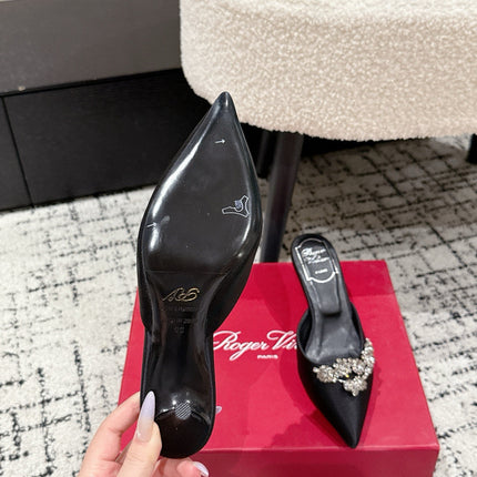 ROGER VIVIER 25S POINTED TOE HEELED MULES 65MM IN BLACK SATIN EMBELLISHED CRYSTALS
