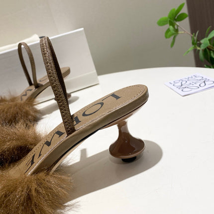 LOEWE 26S OPEN-BACK HIGH HEELS 60MM IN DARK BROWN CALFSKIN WITH FUR