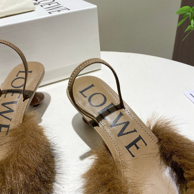 LOEWE 26S OPEN-BACK HIGH HEELS 60MM IN DARK BROWN CALFSKIN WITH FUR