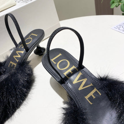 LOEWE 26S OPEN-BACK HIGH HEELS 60MM IN BLACK CALFSKIN WITH FUR