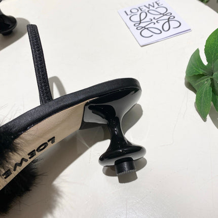 LOEWE 26S OPEN-BACK HIGH HEELS 60MM IN BLACK CALFSKIN WITH FUR