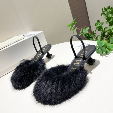 LOEWE 26S OPEN-BACK HIGH HEELS 60MM IN BLACK CALFSKIN WITH FUR