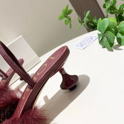 LOEWE 26S OPEN-BACK HIGH HEELS 60MM IN WINE RED CALFSKIN WITH FUR