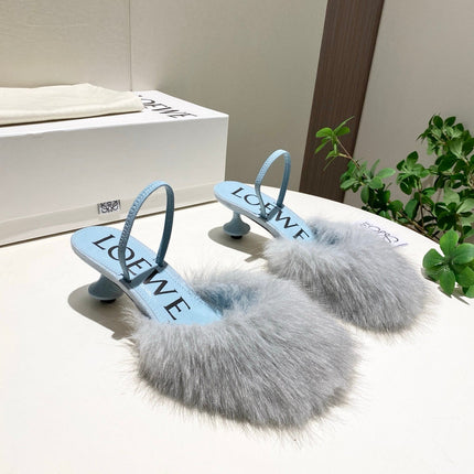 LOEWE 26S OPEN-BACK HIGH HEELS 60MM IN LIGHT BLUE CALFSKIN WITH FUR