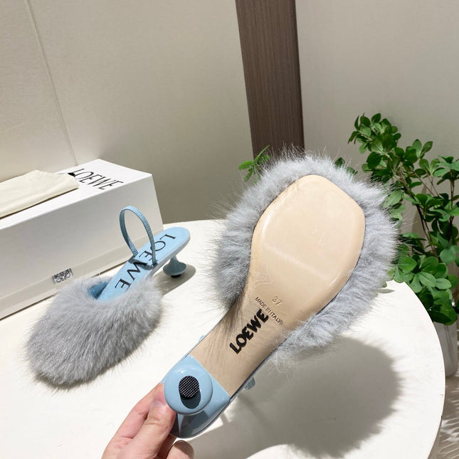 LOEWE 26S OPEN-BACK HIGH HEELS 60MM IN LIGHT BLUE CALFSKIN WITH FUR