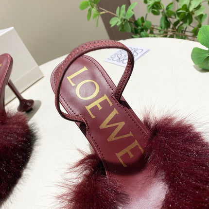LOEWE 26S OPEN-BACK HIGH HEELS 100MM IN WINE RED CALFSKIN WITH FUR
