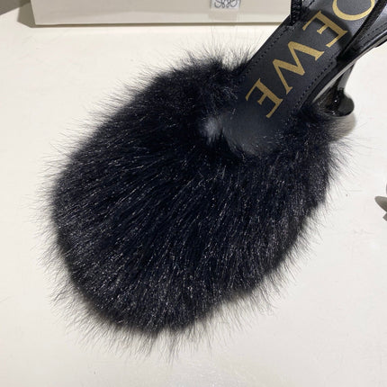 LOEWE 26S OPEN-BACK HIGH HEELS 100MM IN BLACK CALFSKIN WITH FUR