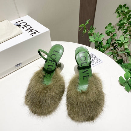LOEWE 26S OPEN-BACK HIGH HEELS 100MM IN GREEN CALFSKIN WITH FUR