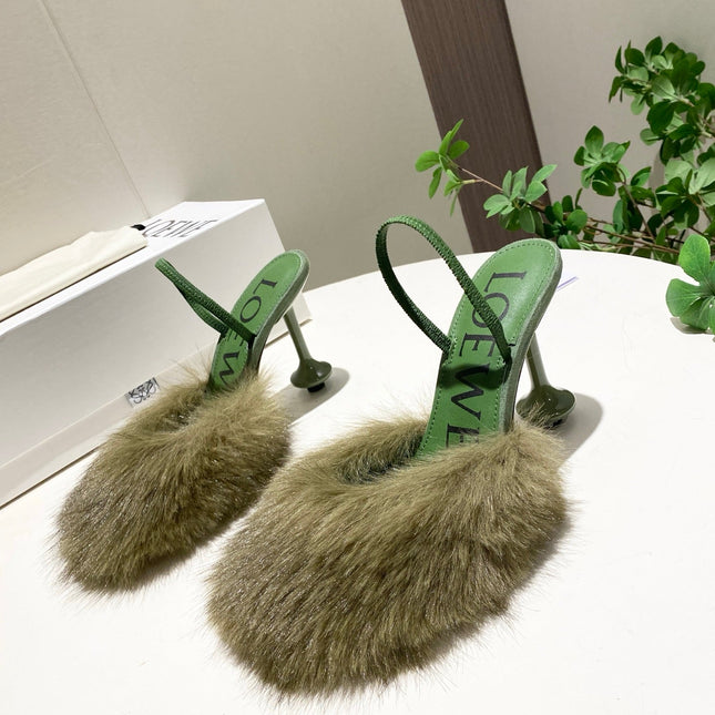 LOEWE 26S OPEN-BACK HIGH HEELS 100MM IN GREEN CALFSKIN WITH FUR