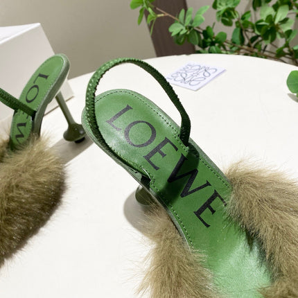 LOEWE 26S OPEN-BACK HIGH HEELS 100MM IN GREEN CALFSKIN WITH FUR