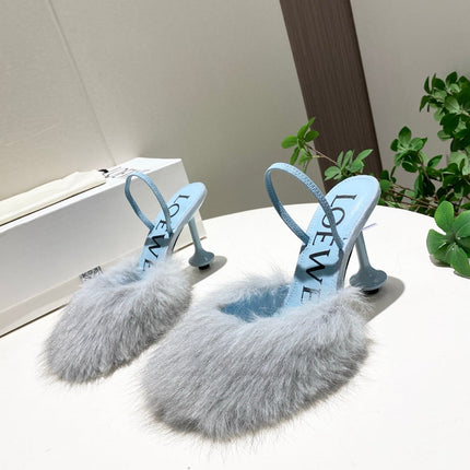 LOEWE 26S OPEN-BACK HIGH HEELS 100MM IN LIGHT BLUE CALFSKIN WITH FUR