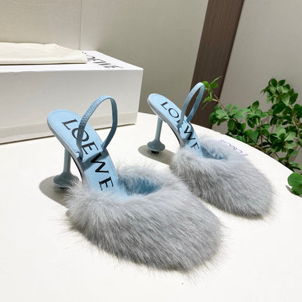LOEWE 26S OPEN-BACK HIGH HEELS 100MM IN LIGHT BLUE CALFSKIN WITH FUR