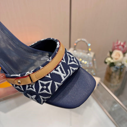 LV 26S HIGH-HEELED MULES 55 MM IN DARK BLUE AND WHITE EMBROIDERED MONOGRAM CANVAS