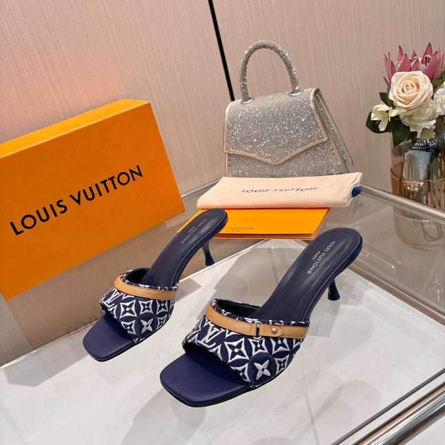 LV 26S HIGH-HEELED MULES 55 MM IN DARK BLUE AND WHITE EMBROIDERED MONOGRAM CANVAS
