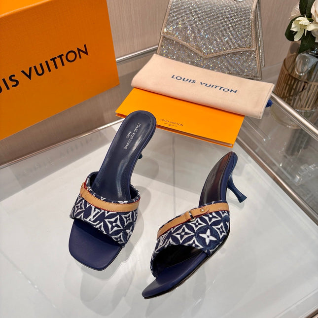 LV 26S HIGH-HEELED MULES 55 MM IN DARK BLUE AND WHITE EMBROIDERED MONOGRAM CANVAS