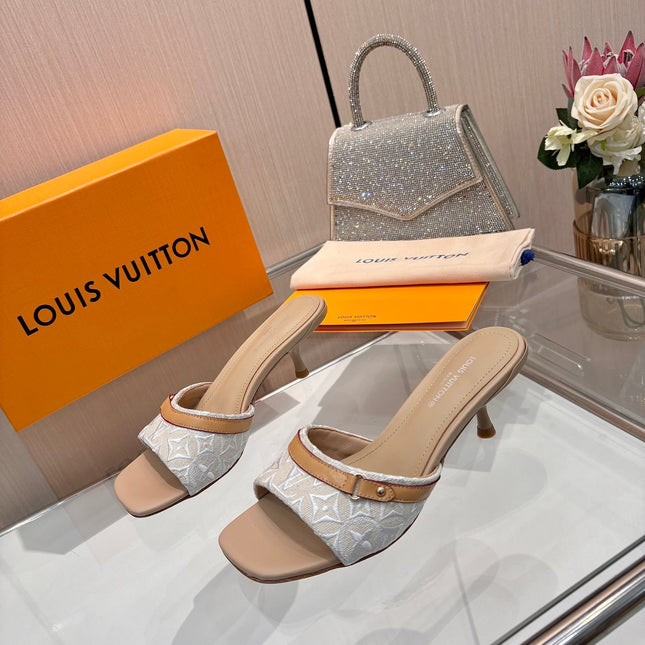 LV 26S HIGH-HEELED MULES 55 MM IN BEIGE CALFSKIN AND WHITE EMBROIDERED MONOGRAM CANVAS