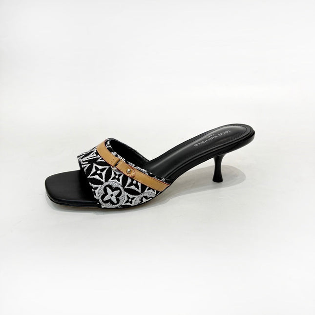 LV 26S HIGH-HEELED MULES 55 MM IN BLACK AND WHITE EMBROIDERED MONOGRAM CANVAS