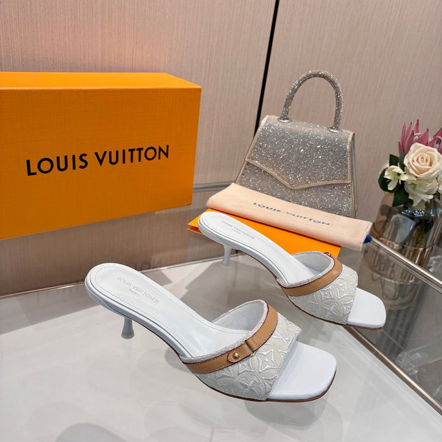 LV 26S HIGH-HEELED MULES 55 MM IN PALE BLUE GRAY EMBROIDERED MONOGRAM CANVAS