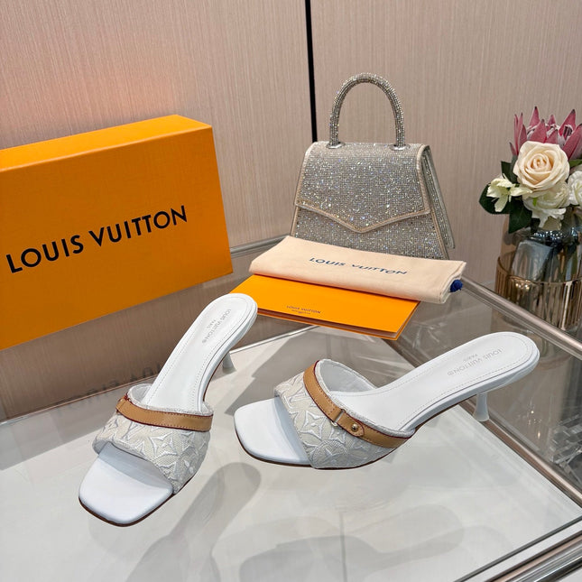 LV 26S HIGH-HEELED MULES 55 MM IN PALE BLUE GRAY EMBROIDERED MONOGRAM CANVAS