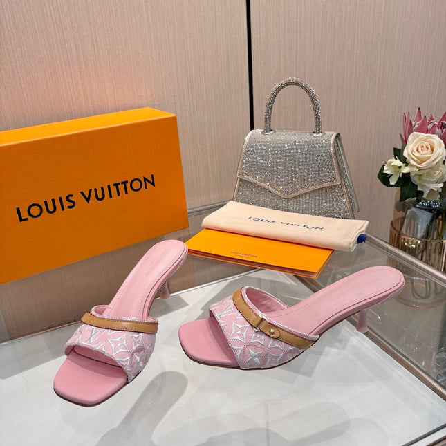 LV 26S HIGH-HEELED MULES 55 MM IN PINK EMBROIDERED MONOGRAM CANVAS