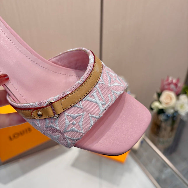 LV 26S HIGH-HEELED MULES 55 MM IN PINK EMBROIDERED MONOGRAM CANVAS
