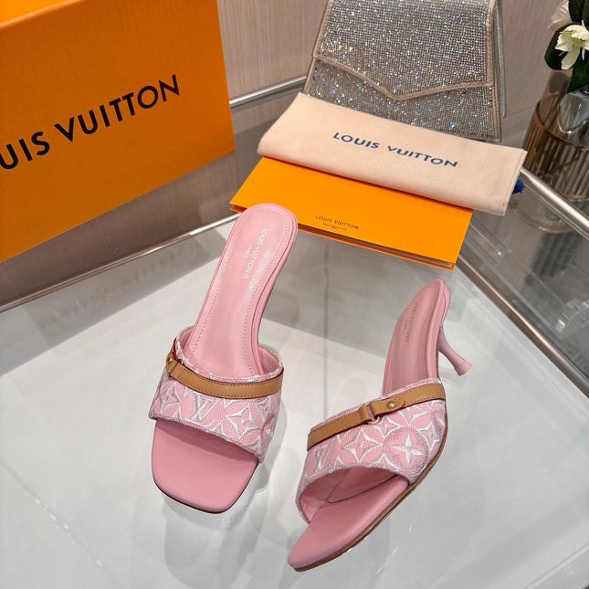 LV 26S HIGH-HEELED MULES 55 MM IN PINK EMBROIDERED MONOGRAM CANVAS