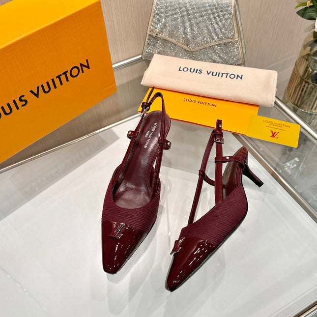 LV 26S SLINGBACK PUMPS 55 MM IN DARK RED FABRIC AND CALFSKIN