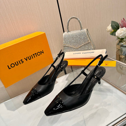 LV 26S SLINGBACK PUMPS 55 MM IN BLACK FABRIC AND CALFSKIN