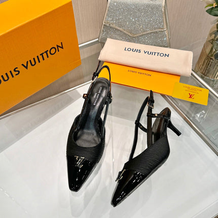LV 26S SLINGBACK PUMPS 55 MM IN BLACK FABRIC AND CALFSKIN