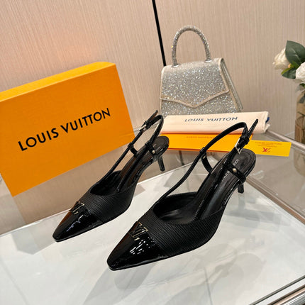 LV 26S SLINGBACK PUMPS 55 MM IN BLACK FABRIC AND CALFSKIN