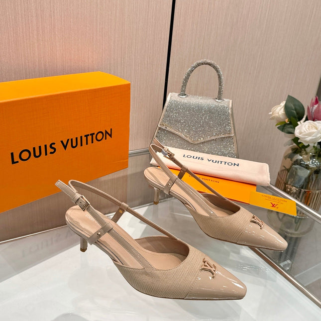 LV 26S SLINGBACK PUMPS 55 MM IN BEIGE BROWN FABRIC AND CALFSKIN