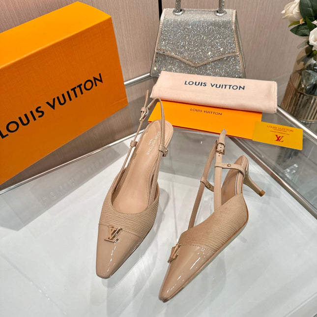 LV 26S SLINGBACK PUMPS 55 MM IN BEIGE BROWN FABRIC AND CALFSKIN