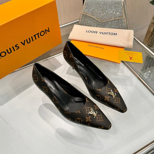 LV 26S POINTED-TOE HIGH HEELS 55 MM IN DARK BROWN COATED CANVAS